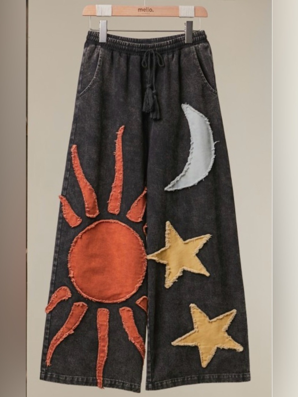 COMING SOON- Black Washed Light WeighDenim Pants with Sun, Moon & Stars Appliqué